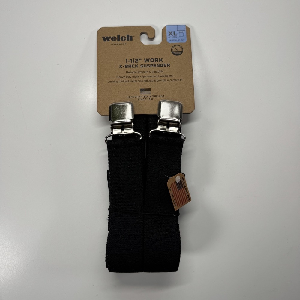 WELCH 1/2" X-Back Casual Clip On Suspender Sz XL 36-54" Long Black Made in USA
